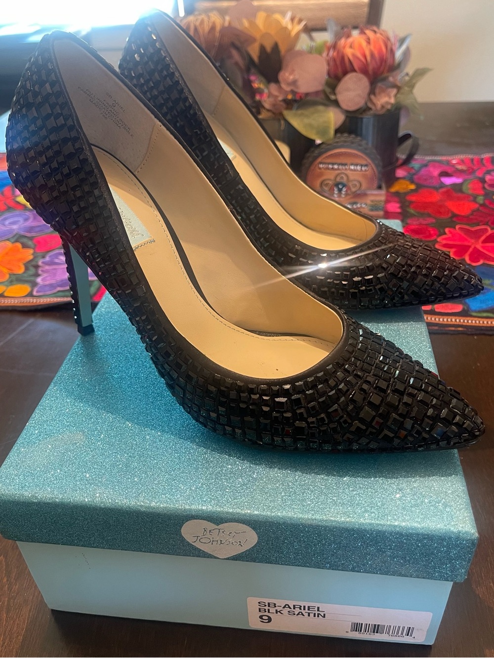 Betsey Johnson Black Satin Crystal-Embellished Pointed Pumps